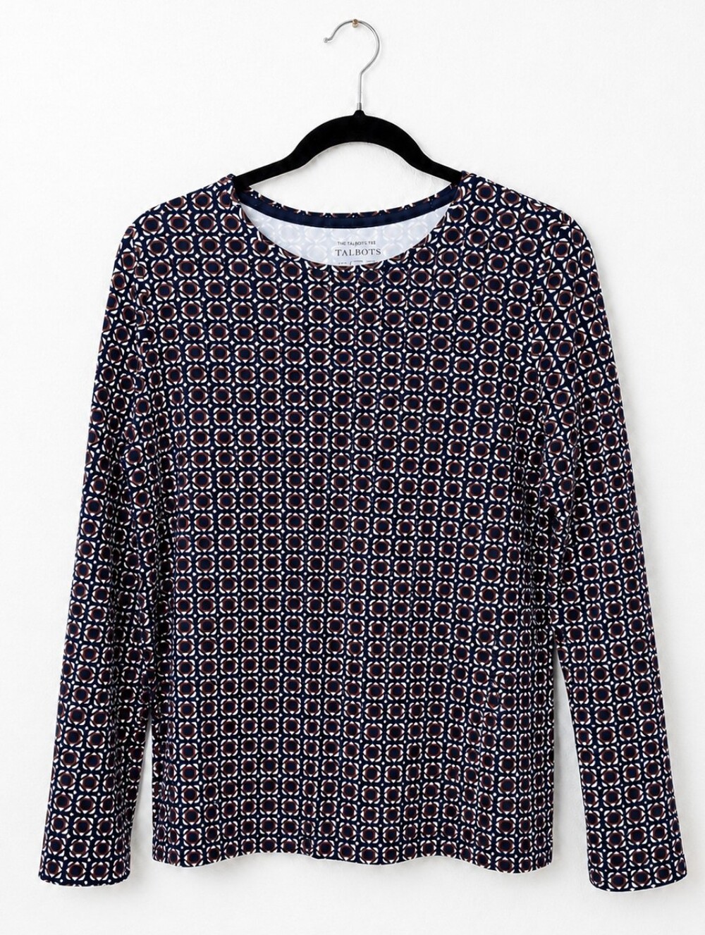 Talbots Tee Large Blue Geometric Print Long Sleeve Stretch Knit Top Classic